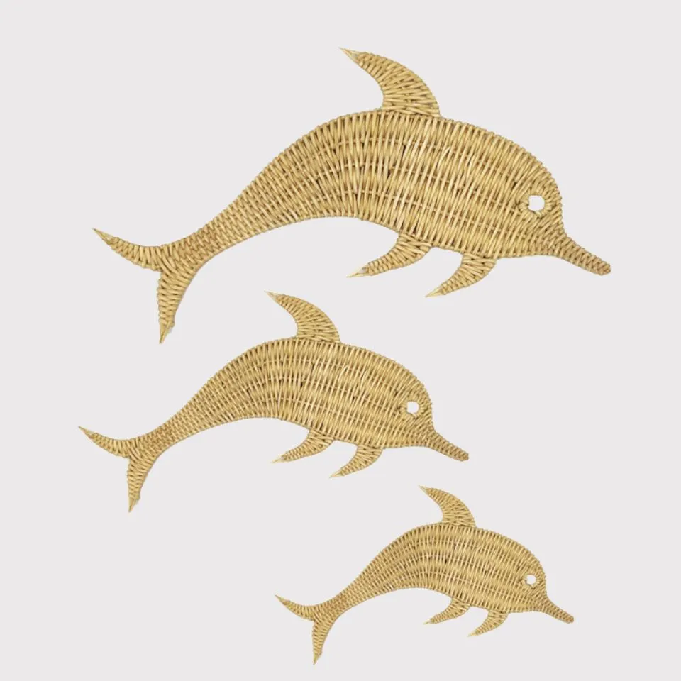 Handwoven rattan dolphin wall decor, coastal and kids room wall art, made in Vietnam