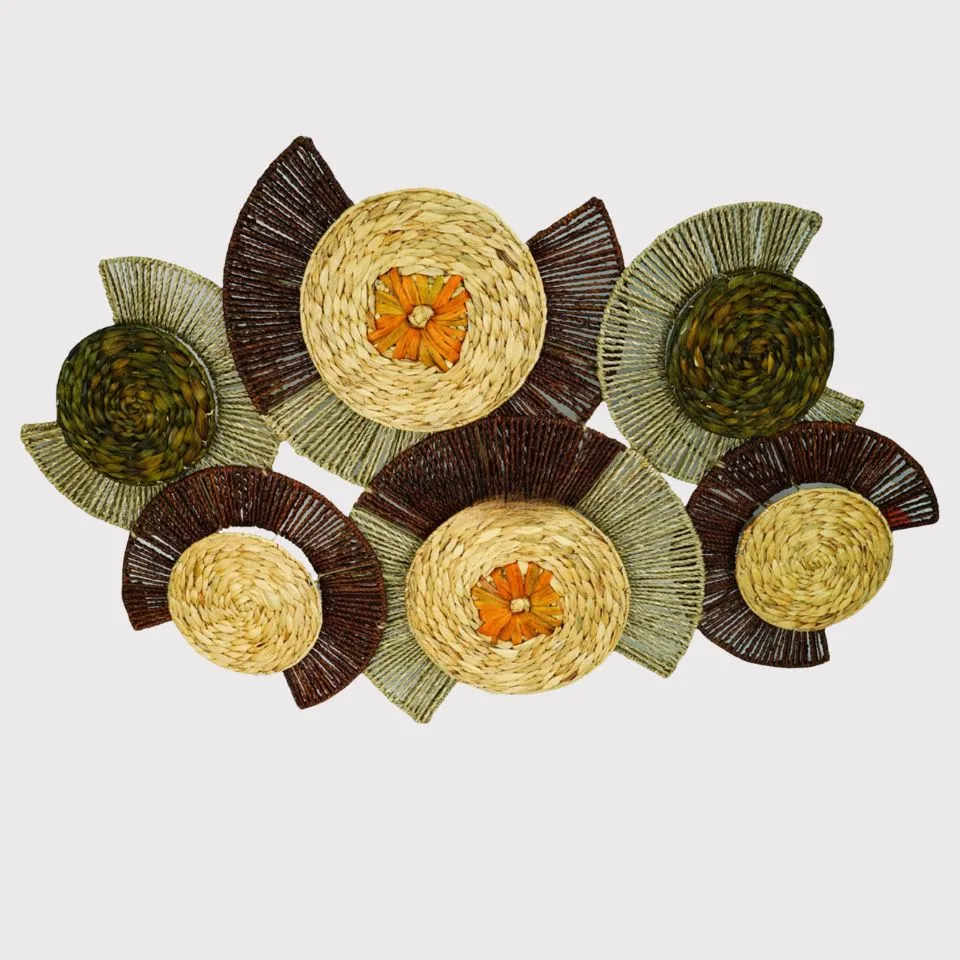 Luxury handwoven seagrass and water hyacinth wall decor set with earthy green and terracotta accents