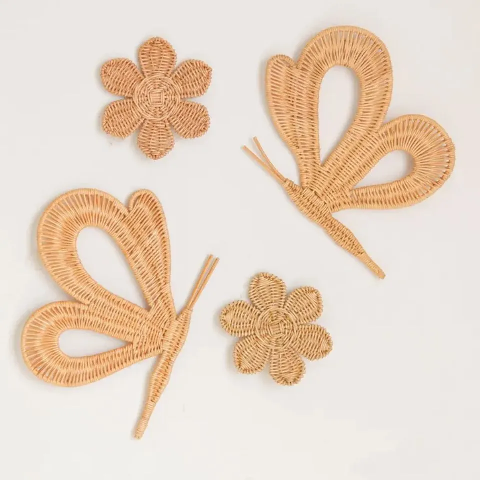 Handwoven rattan butterfly and flower wall decor set, boho nursery and kids room wall art Vietnam
