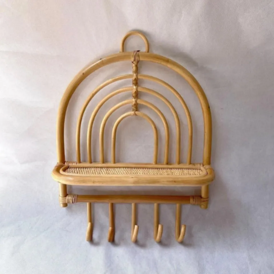 Rattan rainbow wall shelf with 5 hooks – handmade natural rattan wall organizer for keys and small items – EHM manufacturer