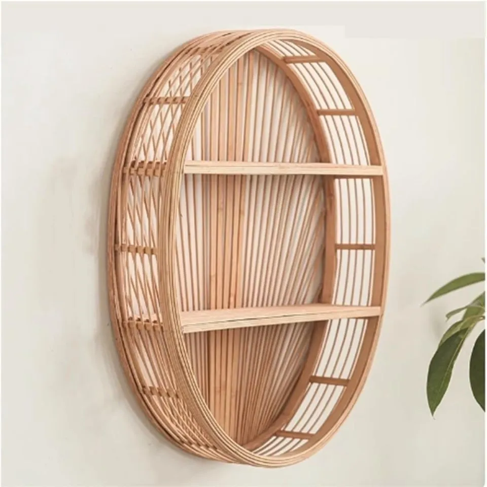 Oval bamboo wall shelf with woven rattan detailing and two-tier storage, space-saving handmade home organizer, OEM by EHM Vietnam.