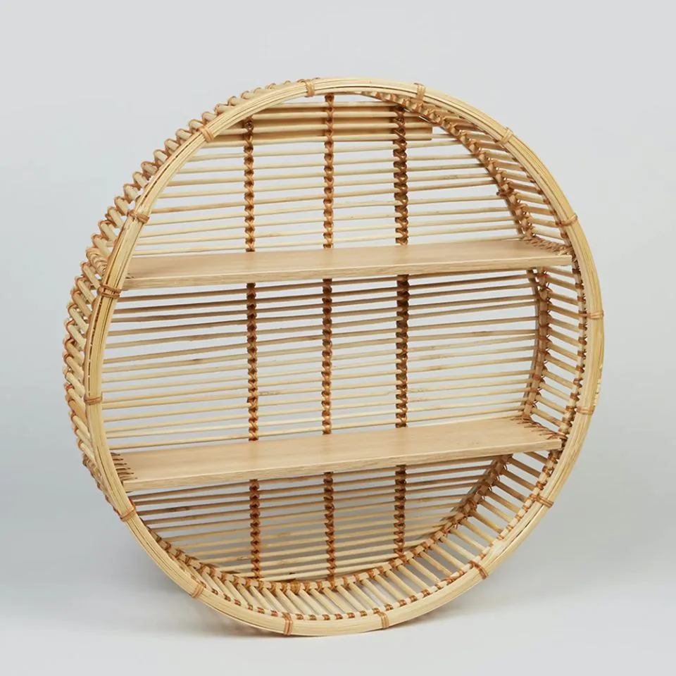 Round 3-tier rattan and wood wall shelf – handmade circular display shelf – Vietnam rattan manufacturer