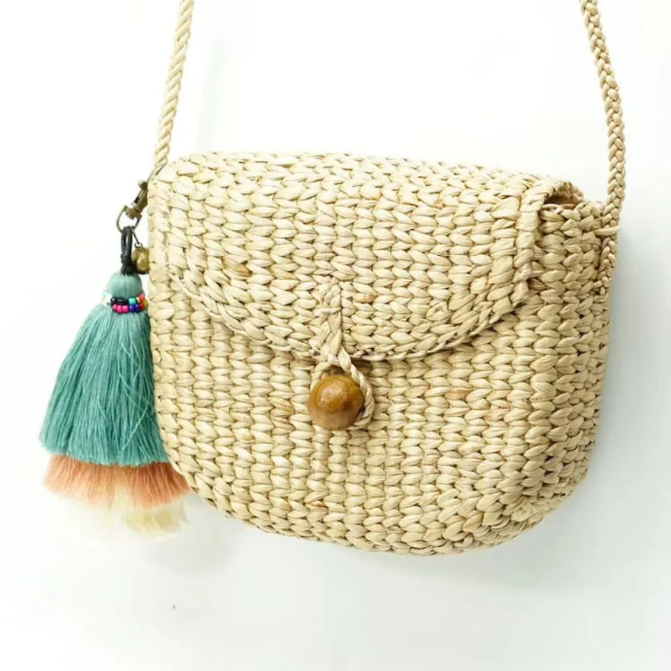 Water hyacinth mini shoulder bag and wooden bead, sustainable fashion handicraft