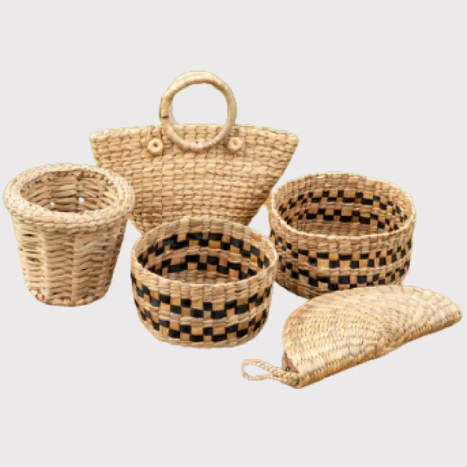Water hyacinth set – natural handmade organizers in assorted sizes and patterns.
